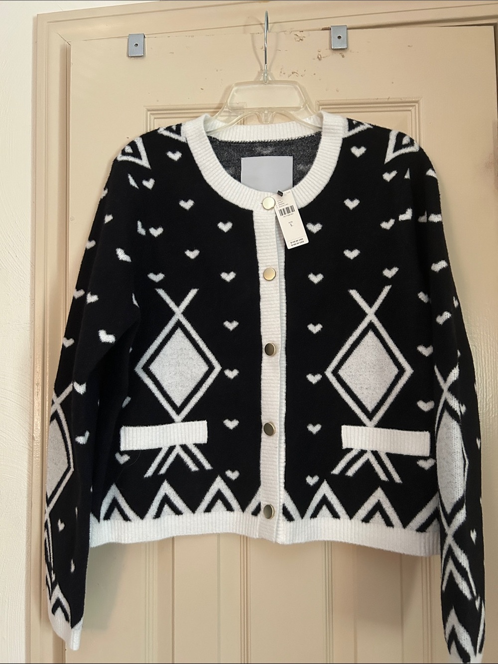 Anthropologie Black and White Geometric Heart-Accent Cardigan